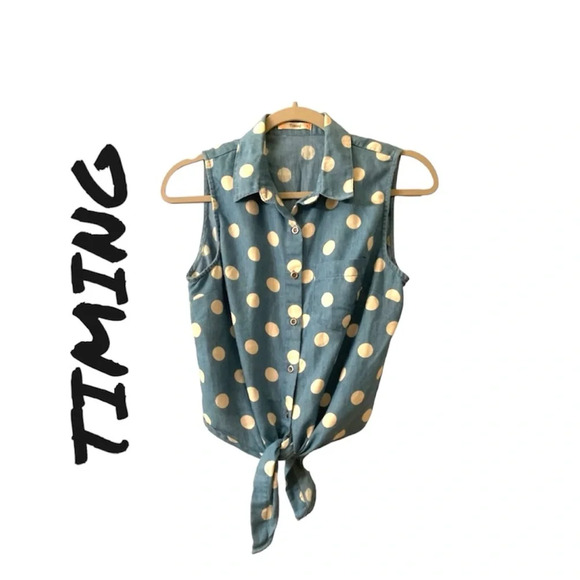 Timing Blue & White Button Up Tank With Tie At Bottom.​ - Picture 1 of 3
